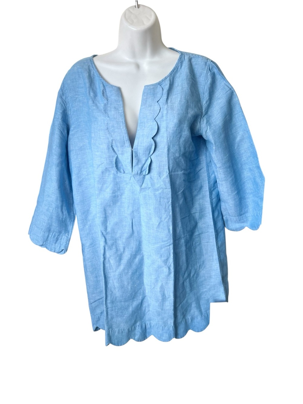 J. Crew Dress Linen Blue Chambray Scallop Hem 3/4Sleeve Women, Sz S - Picture 2 of 8